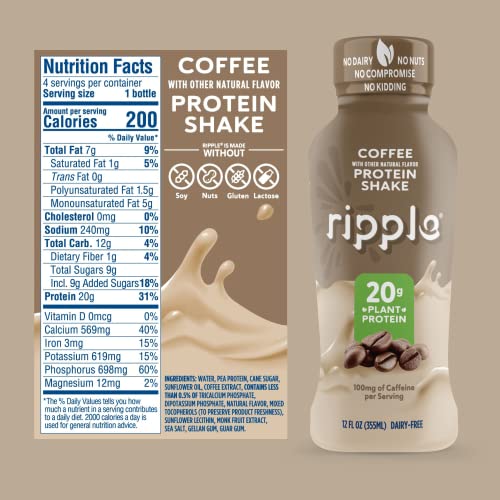 Ripple Vegan Protein Shake | Vanilla | 20g Nutritious Plant Based Pea Protein | Shelf Stable | No GMOs, Soy, Nut, Gluten, Lactose | 12 Oz, 4 Pack