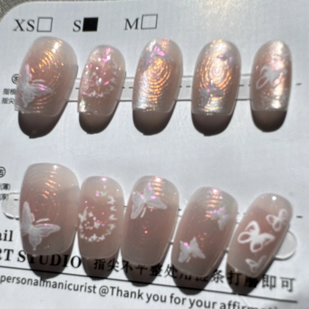 Nail ART STUDIO Pink/White Shiny Butterfly Short Square Press-On Nails Set